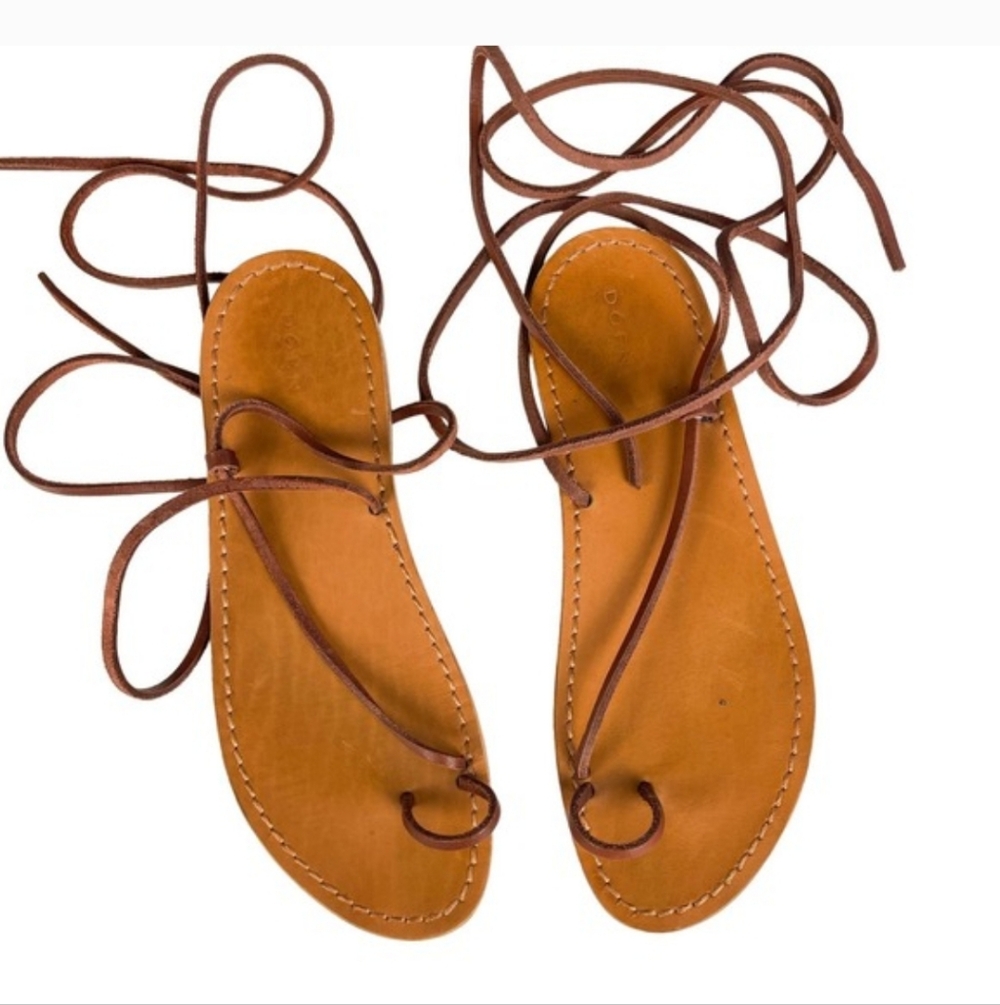 Doen 39.5 Strappy Bare Lace-Up Sandals Brown Tan